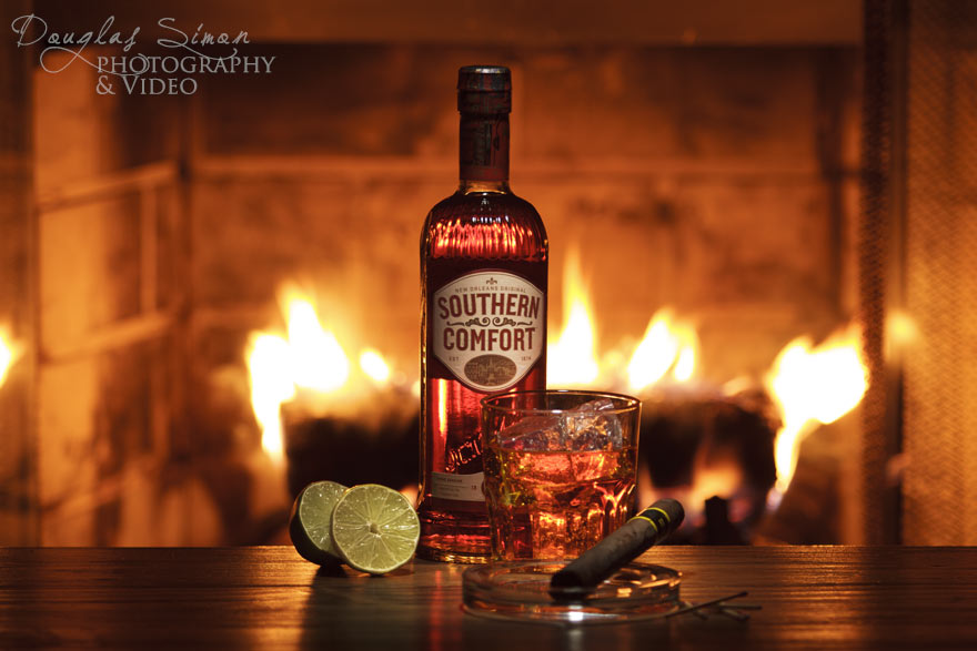 Bourbon Bottle Staged in Front of Fireplace